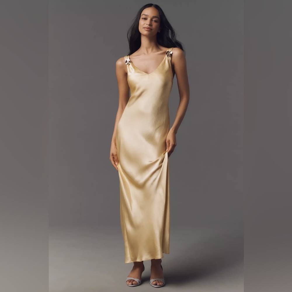 NWT! BY ANTHROPOLOGIE CANARY SLEEVELESS V-NECK MIDI SLIP DRESS - SIZE MEDIUM🪩